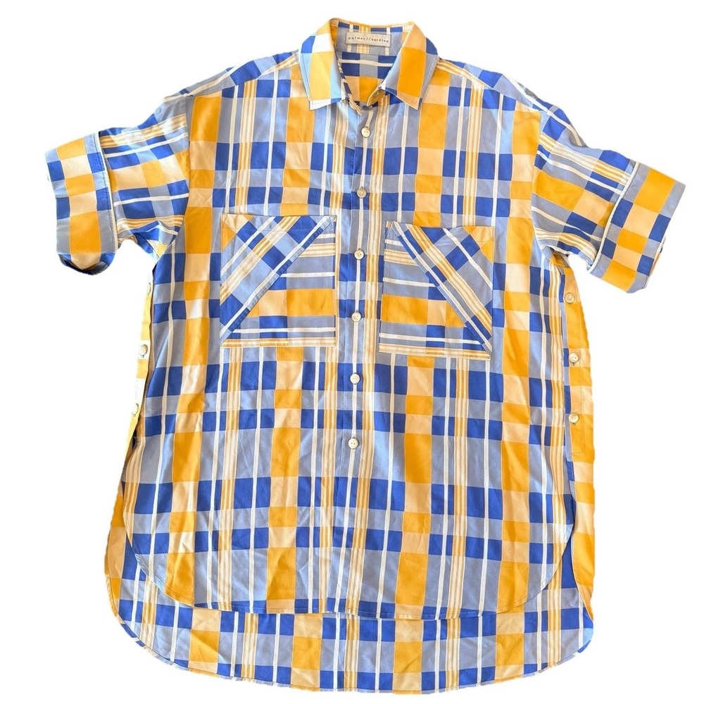 Palmer Harding Womens L Plaid Shirt Side Button Oversized Tunic Designer Chic